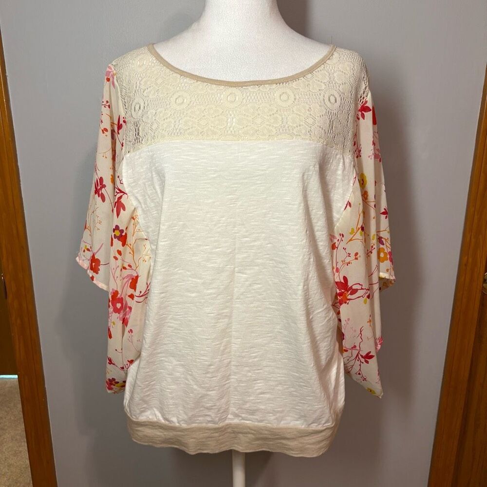 Prana Lorielle Blouse Womens White Kimono Sleeve Top Lace Crewneck Casual size M